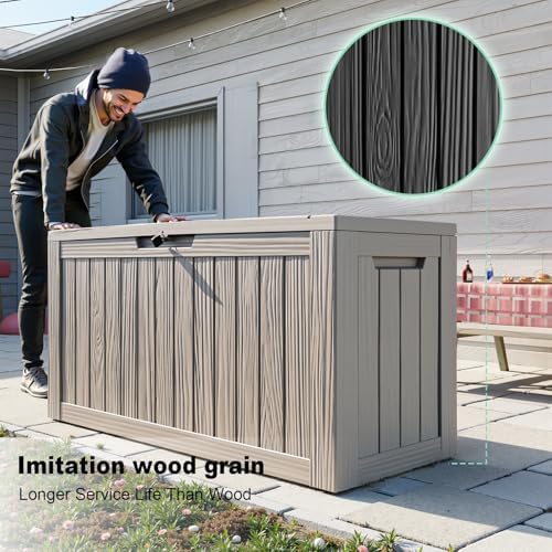 DRATO 85 Gallon Deck Boxes Outdoor Waterproof, Resin Large Lockable Storage Box with Lid, Outdoor Storage Bench Patio Cushions Furniture, Garden Tools, Pool Accessories (Grey, 85 Gallon) - Image 3