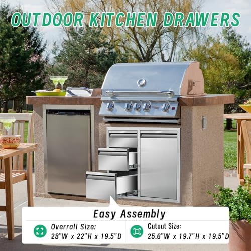 Outdoor Kitchen Door Drawer Combo Cabinet, 28" x 22" x 19.5" Right Trash Drawer Combo Cabinet & Built-in Triple Drawers for Patio Grill Station, Outdoor Kitchen Island - Image 5