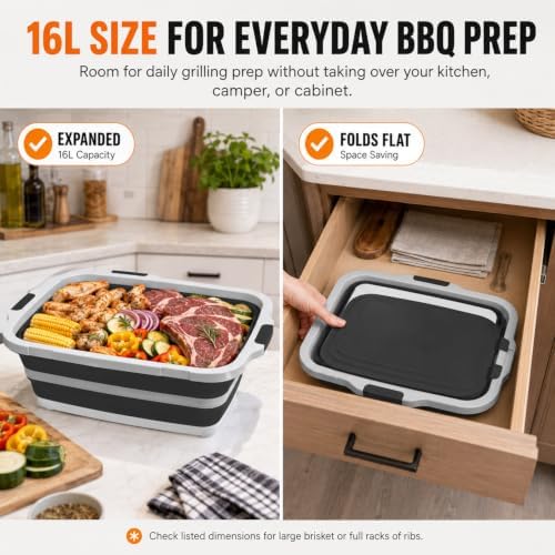 BBQ Prep Tub, 16L Black Collapsible Sink with Cutting Board Lid - Image 3