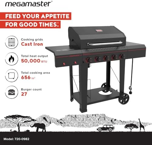 Megamaster Cart 5 Burner Gas Grill, Side Tables with Accessory Hooks, Black - Image 2