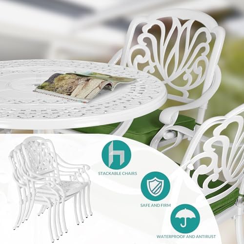 MEETWARM 5 Piece Patio Dining Set, Outdoor All-Weather Cast Aluminum Dining Table Set, Patio Furniture Set for Backyard Garden Deck, Include 4 Chairs, 4 Cushions and 1 Round Table, White - Image 7