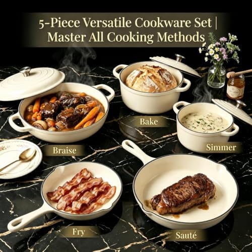 Nonstick Enameled Cast Iron Cookware Set - 8 Piece Pots and Pans with Lid, Frying Pan, Skillet, Dutch Oven Set for All Stovetops, Ideal for Sourdough Bread Baking, Cream White - Image 4