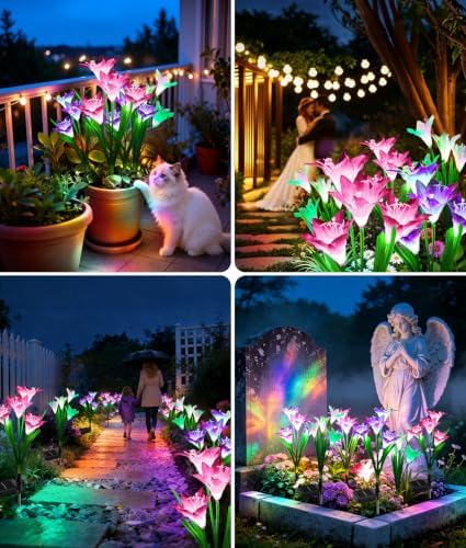 KOOPER Outdoor Solar Lights, 6 Pack Solar Garden Light with Bigger Lily Flowers, Waterproof 7 Color Changing Solar Lights Outdoor - Bigger Panel for Patio Yard Garden Decoration, Gift for Mom - Image 6