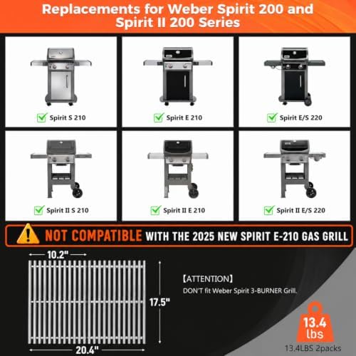 7637 9MM Grill Parts for Weber Spirit E210, E220, S210, S215, Spirit 200 & GS4 Spirit II E210, Spirit II E220 Series with Front-Mounted Control, 17.5'' SUS304 Stainless Steel Grates for Weber 7637 - Image 2