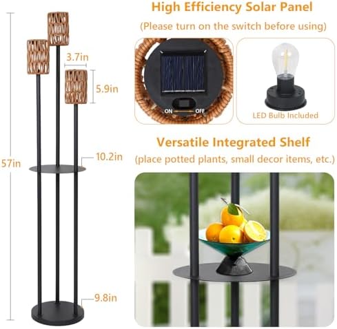 Solar Outdoor Floor Lamp Waterproof, Cordless Outdoor Lamps for Patio with Shelves Plant Stand, Rattan Solar Lamp for Outside, Wireless Outdoor Light for Yard Garden Deck Porch Decor - Image 7