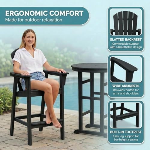 3-Piece HDPE Bar Height Table and Chairs Set, 31.1" Square High Top Pub Table with Umbrella Hole, 2 Adirondack Charis with Cup Holders, Outdoor Patio Dining Set for Bistro Backyard Deck Black - Image 7