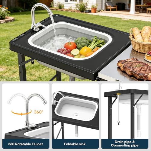 Grill Cart with Foldable Sink, Outdoor Storage Cabinet, Outdoor Grill Cart with Wheels, Kitchen Island with Folding Trash Can for Barbecue, Backyard, Garden & Outdoor Kitchen - Image 5