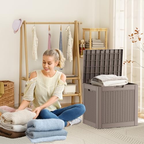 ROJIK Outdoor Storage Housing Deck Box - Waterproof Patio Furniture, Garden Tools, Cushions, Pool Accessories Storage Bench with Lockable Lid and Side Handles (Grey Rattan, 30 Gal) - Image 3