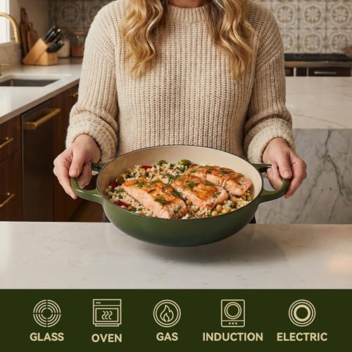 3 Quart Enameled Cast Iron Braiser, Non Stick Enameled Cast Iron Skillet with Lid, Dutch Oven Skillet with lid up to 500°F for Oven, Stove, Grill, Shallow Dutch Oven for Cook, Bake (Golden Green) - Image 4