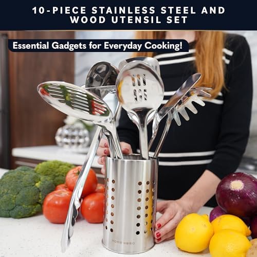 Home Hero 10-Piece Stainless Steel Kitchen Utensil Set with Wooden Handle - Image 2