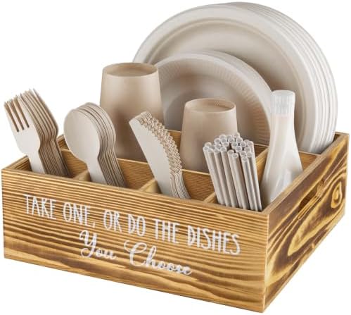 ALELION Rustic Plate and Utensil Caddy, 6-Compartment Paper Plate and Cutlery Holder with Handles, Kitchen and Party Organizer for BBQs, Picnics, and Gatherings, Brown by ALELION