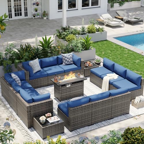 Aoxun Patio Furniture Sets, 15-Piece Outdoor Patio Furniture with 44'' Propane Gas Firepit Table, Wicker Outdoor Conversation Set Sectional Sofa for Backyard, Poolside, Garden by Aoxun
