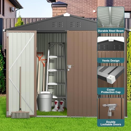 Gizoon 8 x 6 FT Outdoor Storage Shed, Galvanized Metal Garden Shed, Brown - Image 6