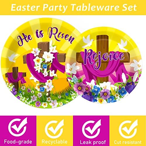 Wiooffen 96 Pcs Easter Tableware Set He is Risen Plates Happy Easter Party Plates Easter Religious Plates and Napkins Paper Plates Napkins Forks for 24 Guests - Image 3
