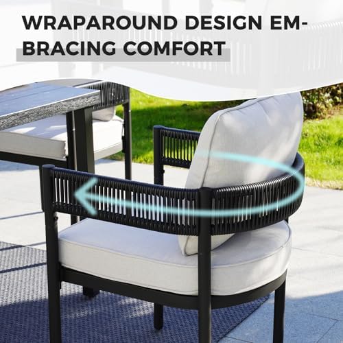 Grand patio Outdoor Dining Set, 7-Piece Patio Table and Chairs Set, Metal Woven Wicker Fixed Patio Chairs with Thickened Cushions & 1 Rectangular Woodgrain Dining Table with Umbrella Hole (Black) - Image 3