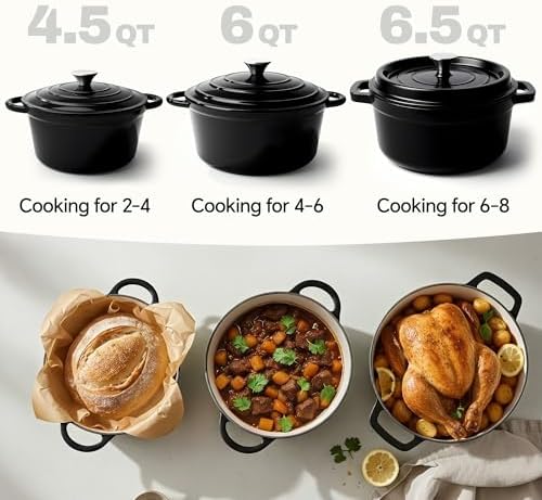 6.5 Quart Dutch Oven Pot with Lid, Non Stick Enameled Cast Iron Dutch Oven for Bread Baking, Heavy-Duty, Oven Safe Ceramic Cookware Up to 500°F for Baking, Braising, Stews, Roasting, Black - Image 3