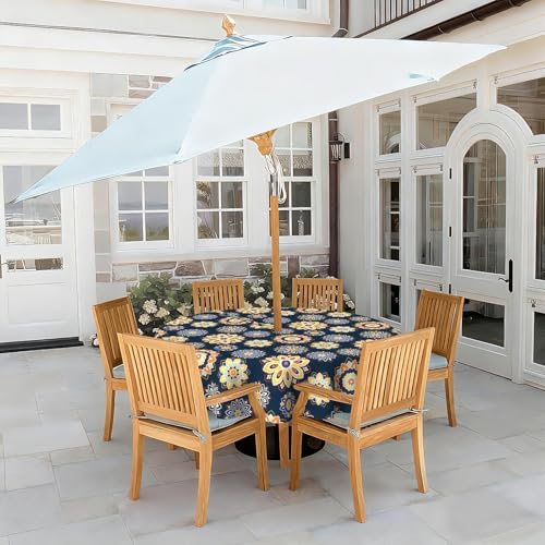 LVTXIII Round Outdoor Tablecloth with Umbrella Hole and Zipper, Water-Repellent 60 Inch Patio Table Cover for Bistro, Garden, Patio & Picnic, Bloom Cobalt - Image 2