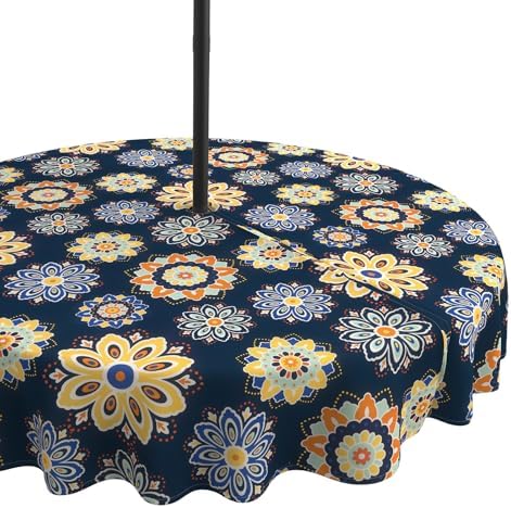 LVTXIII Round Outdoor Tablecloth with Umbrella Hole and Zipper, Water-Repellent 60 Inch Patio Table Cover for Bistro, Garden, Patio & Picnic, Bloom Cobalt by LVTXIII