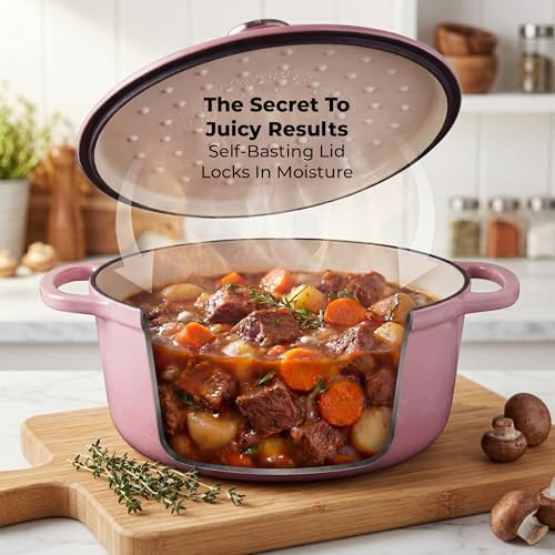 Zulay Kitchen 7.7 Quart Enameled Cast Iron Dutch Oven Pot with Lid – Premium Durability & Oven Safe up to 500°F – Heavy Duty Cookware Perfect for Bread Baking, Stews, Braising & Roasting – Pink - Image 4