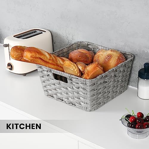 Onlytak 2-Pack Plastic Wicker Kitchen Storage Baskets, 12"x12"x6", Grey - Image 5