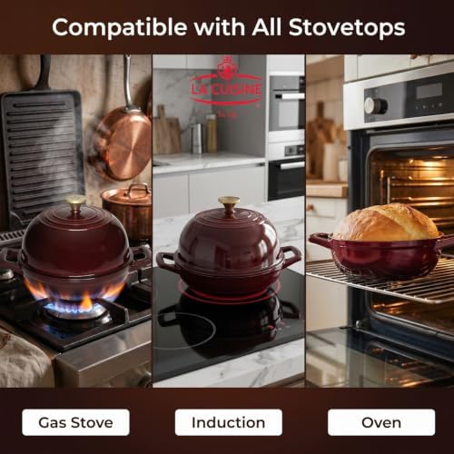 La Cuisine Enameled Cast Iron Round Bread Dutch Oven for Sourdough Crusty Bread & High‑Heat Baking. Oven-Safe 550°F/287°C, Internal Matte Black Enamel Coating, 5 QT, Cranberry - Image 5
