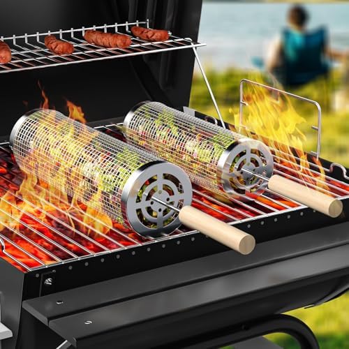 Rolling Grilling Baskets for Outdoor Grill, 2 Pcs BBQ Grill Basket, Stainless Steel Barbeque Grill accessories set, Camping Picnic Cooking Tools for Vegetable/Shrimp/Chicken, Gifts for Men Dad Husband by FYTSDIK
