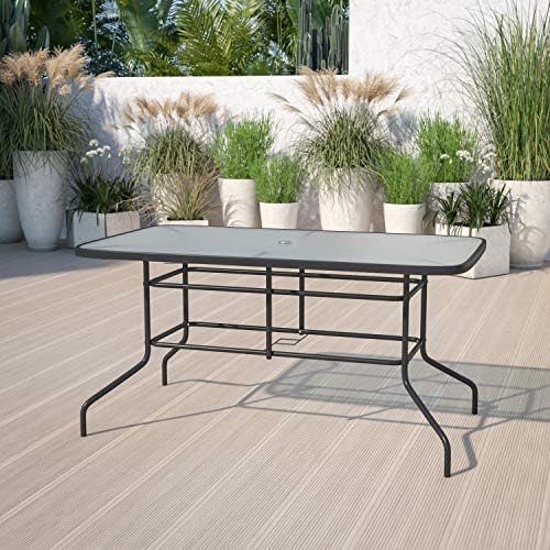 Flash Furniture 31.5x55 in Tempered Glass Table, with Umbrella Hole - Image 2