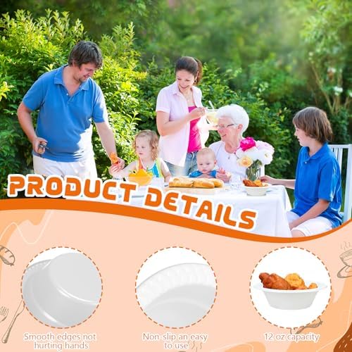 30 Pack 12 oz White Disposable Plastic Bowls Dessert, Ice Cream, Salad, Soup Serving Cups for Party, Picnic, Food Snacks (White) - Image 3