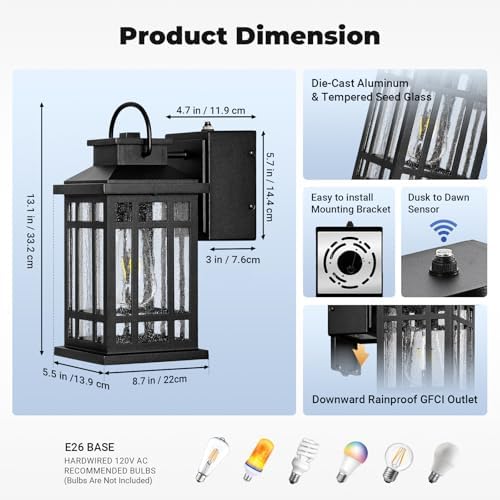Outdoor Wall Light Fixtures with GFCI Outlet, Black 2-Pack - Image 6