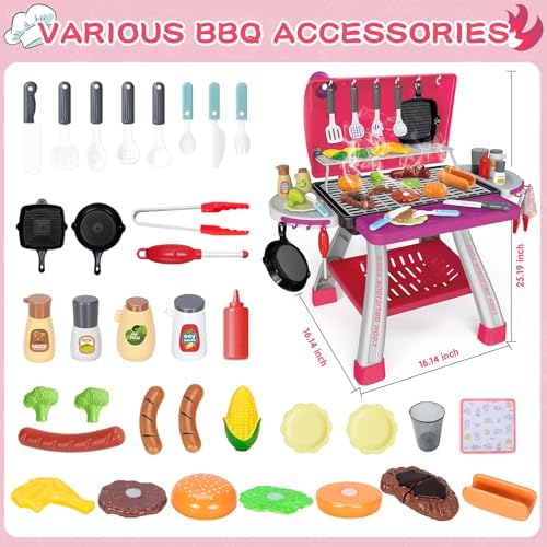 Kids Play Kitchen Toys, Kids BBQ Grill Kitchen Playset with Smoke, Sound & Light, Pink Play Food Toys Cooking Set, 2-Layer Barbecue Outdoor Play Grill Toy Gift for Toddler Girls 3-5, Pink - Image 2