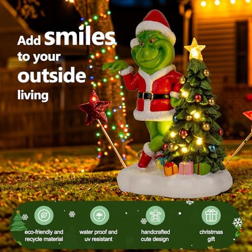 YDKOJGW Green Monster Solar Garden Statue with Christmas Tree and 6 LED Lights - Outdoor Figurine - Glossy Resin - Waterproof - Spot Clean - Christmas Decor - Image 2