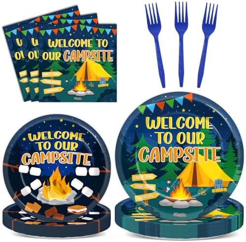 96PCS Camp Tableware Decoration Welcome to Our Campsite Party Plates Napkins Supplies Disposable Camping Favor Dessert Paper Plates Camping Adventure Campfire Party Picnics BBQ Gatherings Decoration by Oitnlaughter