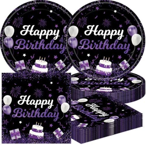 40Pcs Purple Glitter Black Happy Birthday Decorations Black and Purple Plates and Napkins Elegant Purple Black Birthday Supplies for Women Adult Milestone Birthday Party,Suitable for 20 Guests by UkralMagic