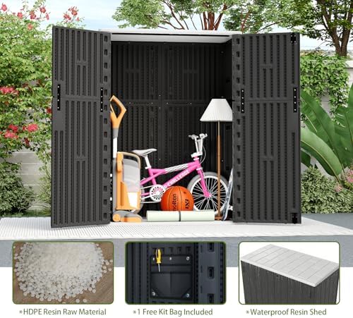 ZZM 57 Cu.ft Outdoor Storage Shed with Floor HDPE Double-Wall Resin Sheds Outdoor Storage, Lockable Weatherproof Storage Cabinet Fit for Garden Tools, Garage can, Bike, Patio Furniture, Black - Image 6
