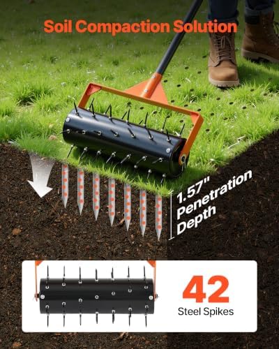 VEVOR Rolling Lawn Aerator, 15 in Manual Push Aerator Roller with 42 Spikes & 60 in Long Handle, Fillable Drum for Added Weight, Heavy-Duty Lawn Soil Penetrator for Garden Yard Compacted Soils - Image 2