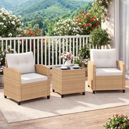 Tangkula 3 Pieces Patio Furniture Set, PE Rattan Wicker 3 Pcs Outdoor Sofa Set w/Washable Cushion and Tempered Glass Tabletop, Conversation Furniture for Garden Poolside Balcony (Light Brown -White) - Image 3