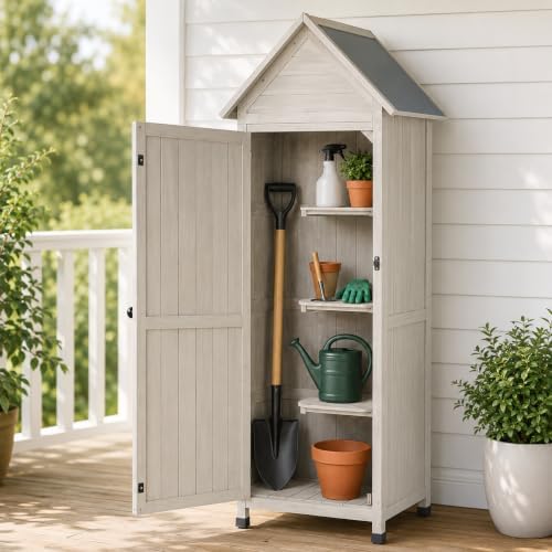 Narrow Outdoor Storage Cabinet, 67" Wooden Vertical Garden Tools Shed, Patio Storage Organizer with Latch & Waterproof Roof for Yard Deck Lawn Farmland Equipment(Gray) by Unknown