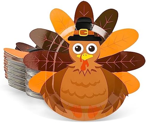 Whaline 48Pcs Thanksgiving Paper Plates Turkey Shaped Disposable Decorative Tableware for Fall Party Supplies Autumn Holiday Catering Events, 11.4 x 11.6 Inch by Whaline