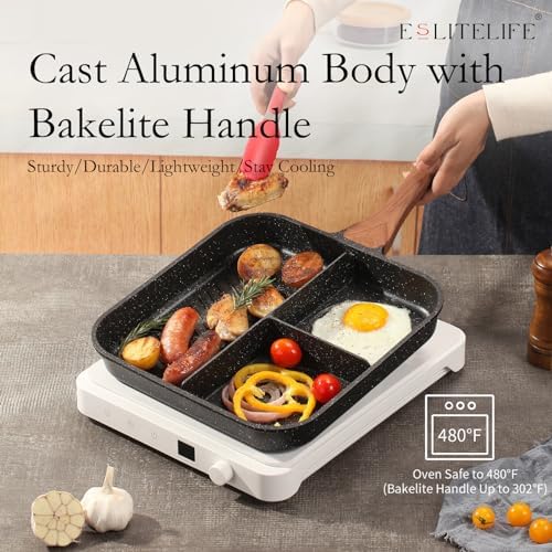 ESLITE LIFE Nonstick Divided Grill Pan for Stove Tops, 11 Inch Versatile 3-In-1 Breakfast Pan, Square Big Grilling Steak Pan for Indoor & Outdoor Cooking, PTFE & PFOA Free, Black - Image 5