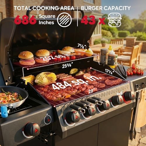 Feasto 5 Burner Propane Gas Grill with Side Burner and Sear Burner, Black - Image 4