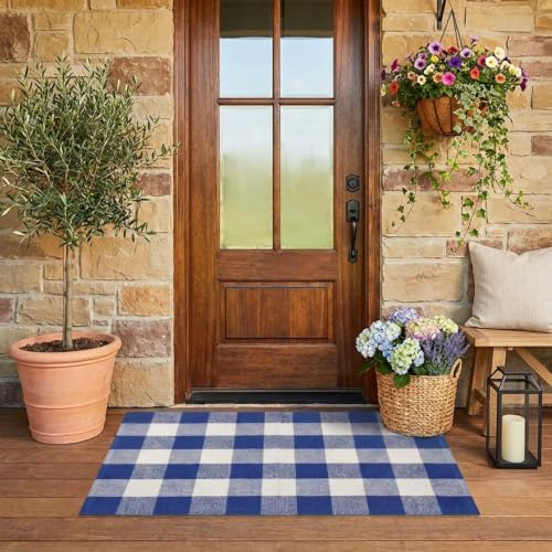 MUBIN Cotton Blue White Plaid Rug, 27.5''x 43'' Checked Outdoor Rug Front Door Decorative Mat, Hand-Woven Washable Reversible Foldable Rug for Front Porch, Entryway (43''L x 27.5''W, Blue White Plaid) - Image 3