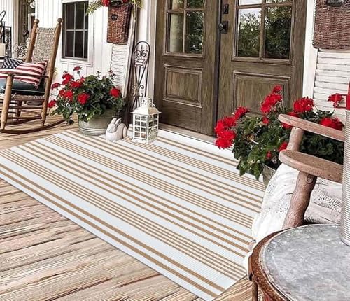 Fall 3'x 5'Outdoor Rug,Khaki White Striped Front Porch Mat Indoor Area Rug - Image 4