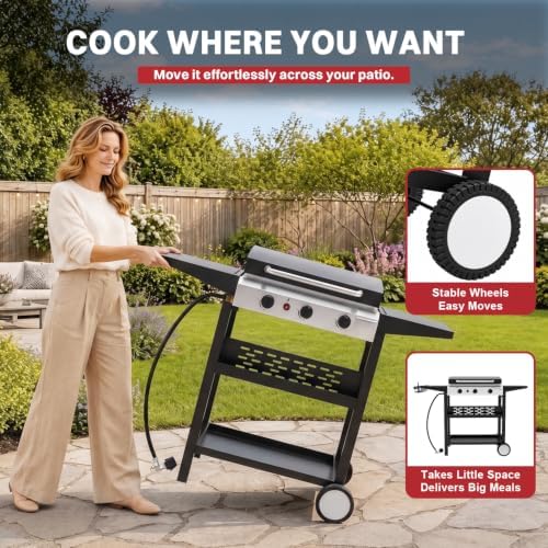 Pipopa 3-Burner Propane Griddle, Portable Flat Top Grill with Wheels & Hood - Image 2