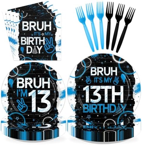 96 Pcs Bruh 13th Birthday Party Supplies for Boys Girls Official Serves 24 by Greencian
