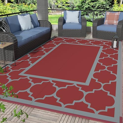 GENIMO Outdoor Rug, Waterproof Plastic Rugs for Patio, 5'x8' Red Grey by GENIMO