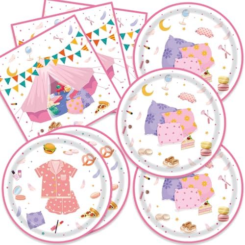 Egami 40pcs Pajama Supplies,include 20 Dessert plate and 20 Napkin,Slumber Spa Party Girls Party Plate Napkin Set,Used for girls pajama Decoration by Egami