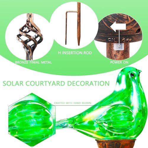 Decorative Solar Lights, Outdoor Solar Bird Stake Lights, Hand Blown Glass Decorative Garden Pathway Lights Outdoor Waterproof Glass Stakes (Green) - Image 2