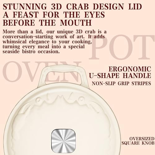 Enameled Cast Iron Dutch Oven - 5QT Dutch Oven Pot with Crab Lid & Oversized Knob & Ergonomic Handles - Heavy Duty Cookware for Braising, Stews, Roasting, Bread Baking - Cream White - Image 2