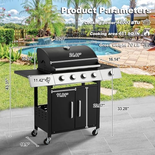 Upgraded 4 Burner 44000 BTU Propane Grill with Side Burner - Image 2