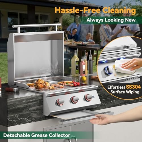 26 Inch BBQ Head Griddle Grill Combo for Barbecue Island, Liquid Propane Bulit-in Grills for Outdoor Kitchen,3 * 14,000 BTU， 3-Burner, Premium 304 Stainless Steel, Convertible to Natural Gas - Image 7